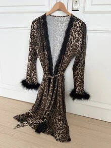Livesso Women's Leopard Print Plush Patchwork Sexy Daily Home Sleepwear Robe Fall - Brown - View 7