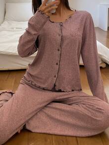 DAZY Autumn/Winter Printed Pattern Comfortable Brushed Knit Fabric Women's Pajama Set - Coral Pink - View 7