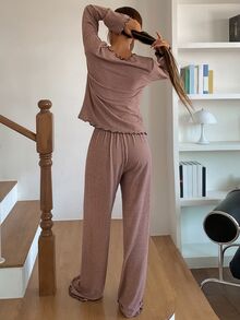 DAZY Autumn/Winter Printed Pattern Comfortable Brushed Knit Fabric Women's Pajama Set - Coral Pink - View 2