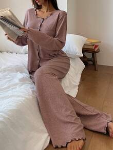 DAZY Autumn/Winter Printed Pattern Comfortable Brushed Knit Fabric Women's Pajama Set - Coral Pink - View 6