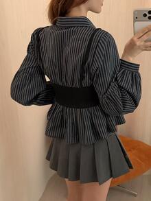DAZY Striped Print Lantern Sleeve 2 In 1 Shirt Fall - Blue - View 2