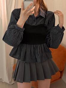 DAZY Striped Print Lantern Sleeve 2 In 1 Shirt Fall - Blue - View 4