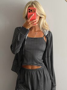 Livesso Summer Autumn Striped 3-Piece Set Cardigan Camisole Pants Women's Pajama Set - Black - View 9
