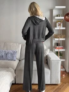 Livesso Summer Autumn Striped 3-Piece Set Cardigan Camisole Pants Women's Pajama Set - Black - View 2