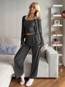 Livesso Summer Autumn Striped 3-Piece Set Cardigan Camisole Pants Women's Pajama Set - Black - View 7