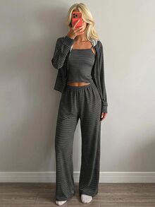 Livesso Summer Autumn Striped 3-Piece Set Cardigan Camisole Pants Women's Pajama Set - Black - View 3