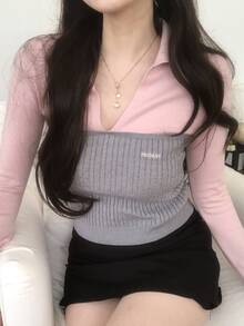 DAZY Women's Colorblock Patchwork Korean Style Autumn/Winter Long Sleeve Girly Versatile Fresh Casual Sweater - Grey - View 2
