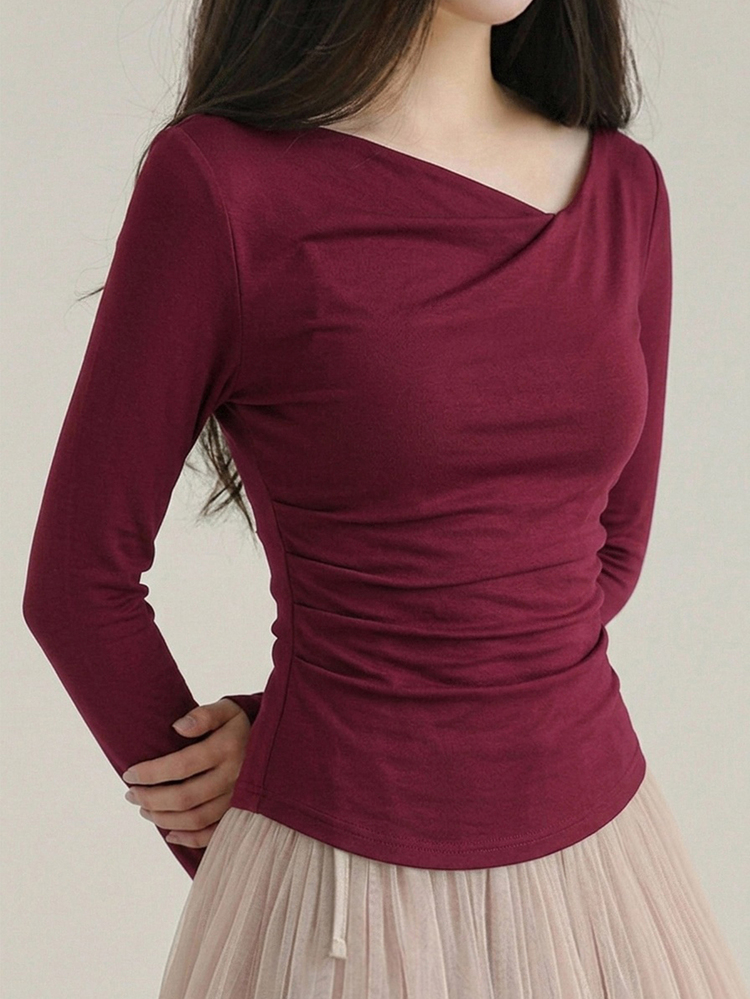 DAZY Women's Solid Color Ruched Slim Fit Versatile Casual Short Sleeve T-Shirt Fall - Red - View 3