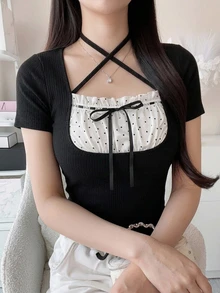 FRIFUL 女款夏季新款純色抽褶綁帶蝴蝶結收腰休閒百搭T恤 - 黑色 - 查看 3