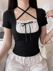 FRIFUL 女款夏季新款純色抽褶綁帶蝴蝶結收腰休閒百搭T恤 - 黑色 - 查看 4