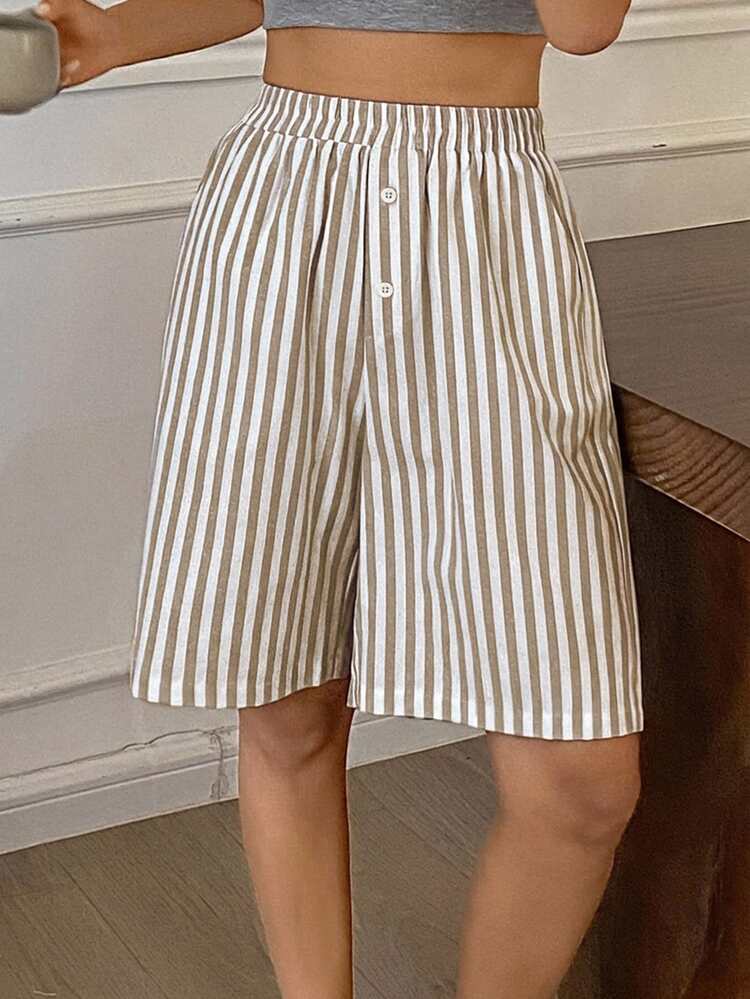 DAZY Summer Striped Loose Fit 5-Point Women's Pajama Bottoms - Khaki - View 5