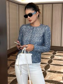 DAZY Women's Fall Sequin Top Party Going Out Night Out Cocktail Blue Polka Dot Elegant Sexy - Blue - View 5