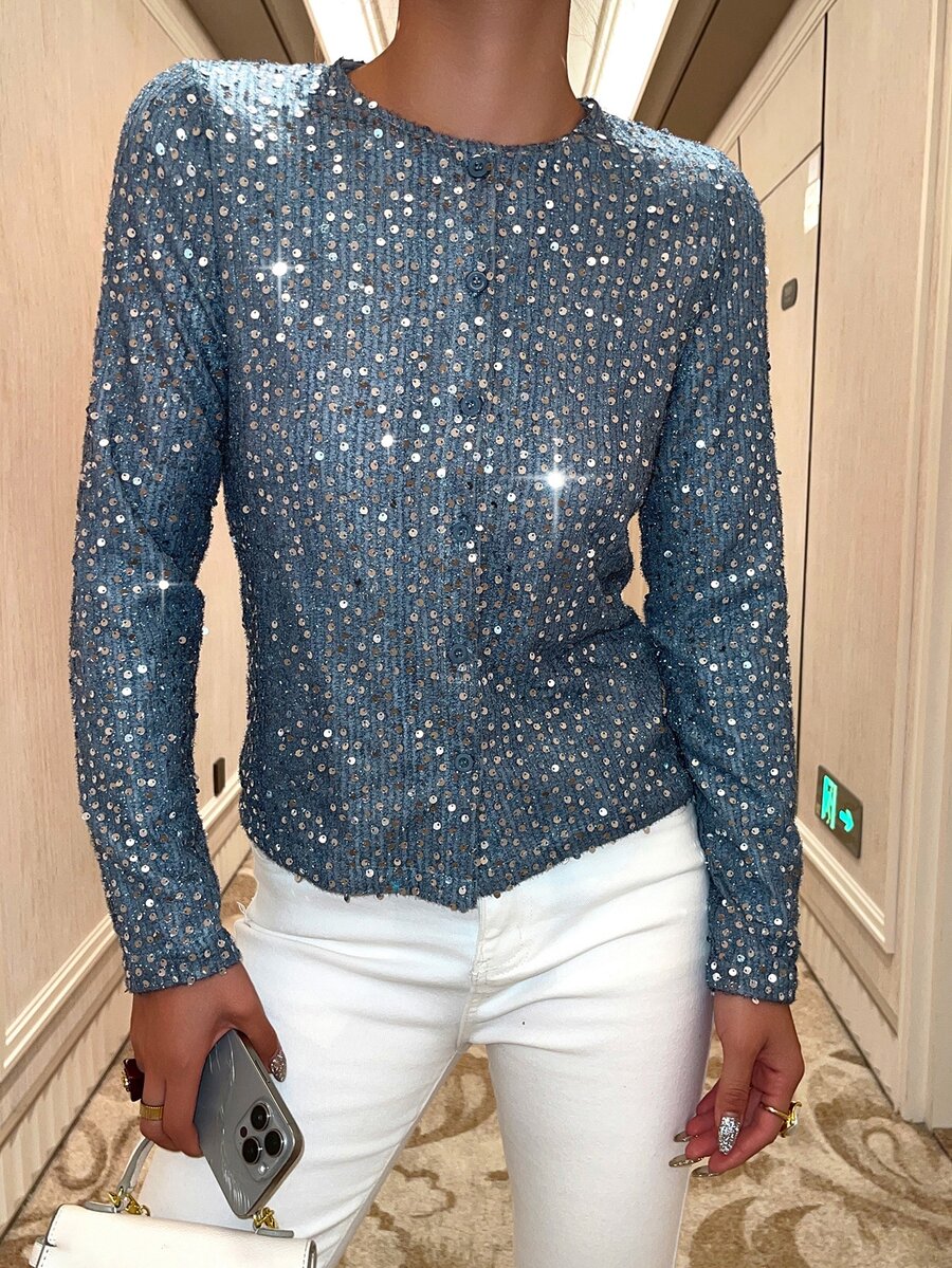 DAZY Women's Fall Sequin Top Party Going Out Night Out Cocktail Blue Polka Dot Elegant Sexy - Blue - View 1