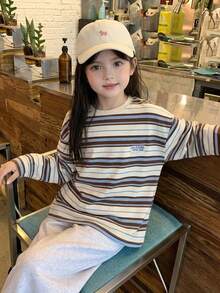 DAZY Young Girls' Long Sleeve Striped Loose Basic Autumn/Winter Layering T-Shirt - Apricot - View 6