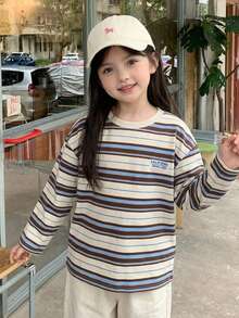 DAZY Young Girls' Long Sleeve Striped Loose Basic Autumn/Winter Layering T-Shirt - Apricot - View 5