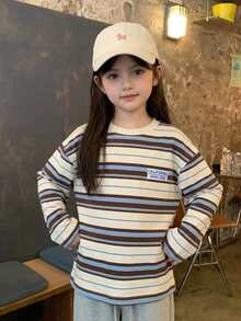 DAZY Young Girls' Long Sleeve Striped Loose Basic Autumn/Winter Layering T-Shirt - Apricot - View 4