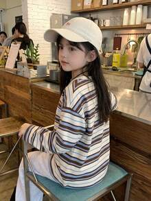 DAZY Young Girls' Long Sleeve Striped Loose Basic Autumn/Winter Layering T-Shirt - Apricot - View 2