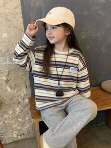 DAZY Young Girls' Long Sleeve Striped Loose Basic Autumn/Winter Layering T-Shirt - Apricot - View 1