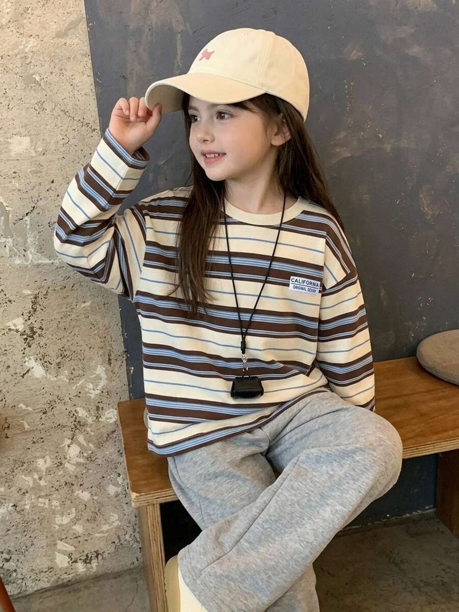 DAZY Young Girls' Long Sleeve Striped Loose Basic Autumn/Winter Layering T-Shirt - Apricot - View 1