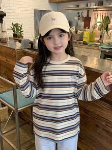 DAZY Young Girls' Long Sleeve Striped Loose Basic Autumn/Winter Layering T-Shirt - Apricot - View 8