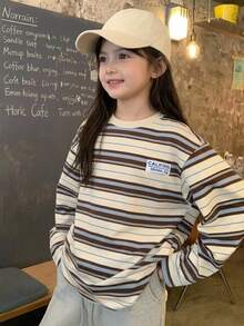 DAZY Young Girls' Long Sleeve Striped Loose Basic Autumn/Winter Layering T-Shirt - Apricot - View 10