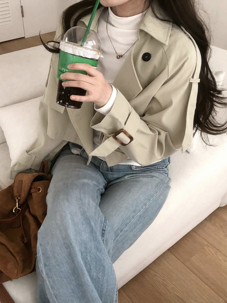 DAZY 女款翻領長袖純色韓風風衣大衣 秋季 - 卡其色 - 查看 5