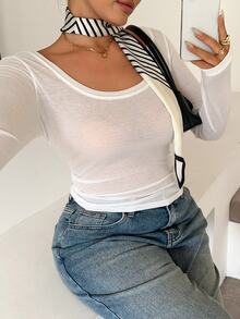 Dazy Plus Plus Size Solid Color Slim Fit Thin Long Sleeve Large Scoop Neck Asymmetric Shoulder Cold Shoulder Casual Vacation Spring Autumn Top T-Shirt White - White - View 6