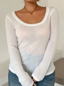 Dazy Plus Plus Size Solid Color Slim Fit Thin Long Sleeve Large Scoop Neck Asymmetric Shoulder Cold Shoulder Casual Vacation Spring Autumn Top T-Shirt White - White - View 7