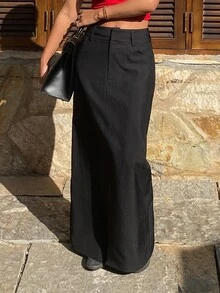 DAZY Solid Color Fitted Long Skirt With Slits For Women,Fall Clothes - Black - View 3