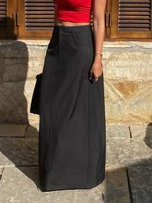 DAZY Solid Color Fitted Long Skirt With Slits For Women,Fall Clothes - Black - View 7