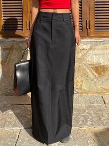 DAZY Solid Color Fitted Long Skirt With Slits For Women,Fall Clothes - Black - View 5