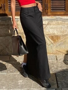 DAZY Solid Color Fitted Long Skirt With Slits For Women,Fall Clothes - Black - View 4