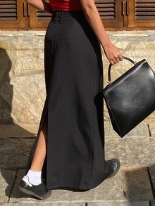 DAZY Solid Color Fitted Long Skirt With Slits For Women,Fall Clothes - Black - View 2