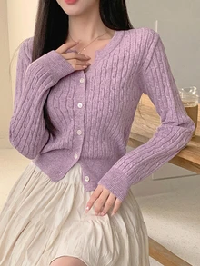 DAZY Women's Spring & Autumn Casual Solid Color Cardigan - Purple - View 8