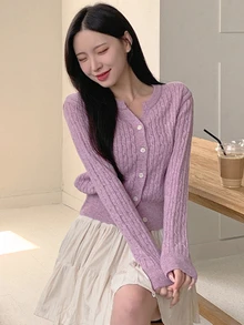 DAZY Women's Spring & Autumn Casual Solid Color Cardigan - Purple - View 7