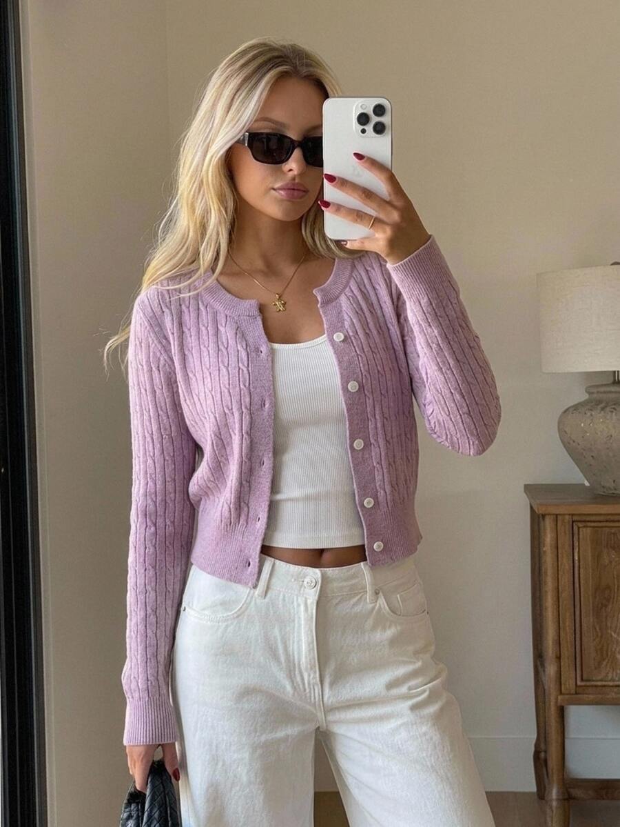 DAZY Women's Spring & Autumn Casual Solid Color Cardigan - Purple - View 1