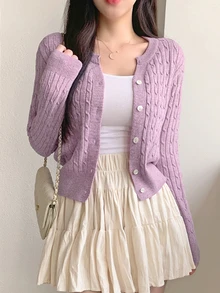 DAZY Women's Spring & Autumn Casual Solid Color Cardigan - Purple - View 2