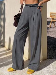 DAZY Women's Striped Pleated Casual Versatile Daily Wear Pants Petite - Grey - View 1