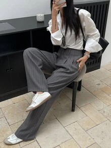 DAZY Women's Striped Pleated Casual Versatile Daily Wear Pants Petite - Grey - View 2