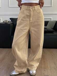 DAZY Women's Loose Fit Long Solid Color Harem Jeans - Khaki - View 4