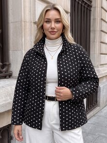 Easowa Curve Plus Size Women's Polka Dot Pattern Long Sleeve Zip-Up Casual Jacket - Black - View 5