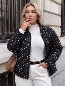 Easowa Curve Plus Size Women's Polka Dot Pattern Long Sleeve Zip-Up Casual Jacket - Black - View 3