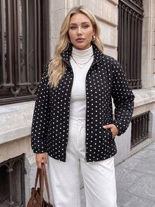 Easowa Curve Plus Size Women's Polka Dot Pattern Long Sleeve Zip-Up Casual Jacket - Black - View 4