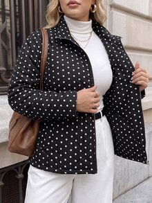 Easowa Curve Plus Size Women's Polka Dot Pattern Long Sleeve Zip-Up Casual Jacket - Black - View 1