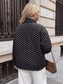 Easowa Curve Plus Size Women's Polka Dot Pattern Long Sleeve Zip-Up Casual Jacket - Black - View 2