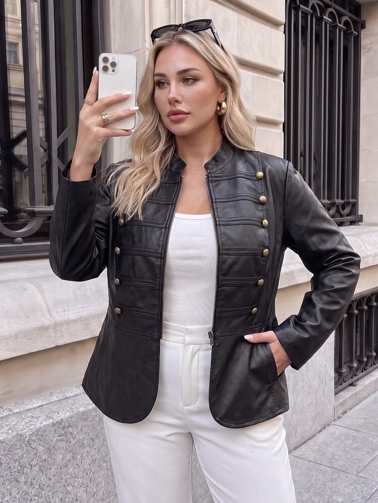 SHEIN LUNE Plus Size Women's Solid Color Long Sleeve Stand Collar Curved Hem Metal Button Decor Jacket Halloween Night Out Going Out Black Autumn Casual Elegant - Coffee Brown - View 5