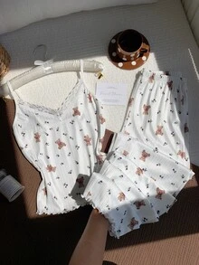 Comfortcana 2 件套女士浪漫花卉蕾丝拼布 V 领吊带背心和长裤睡衣套装 - 杏色 - 查看 5