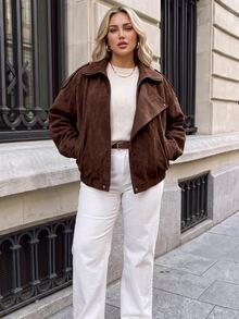 SHEIN LUNE Plus Size Women's Solid Color Long Sleeve Zipper Front Casual Jacket - Mocha Brown - View 3