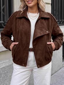 SHEIN LUNE Plus Size Women's Solid Color Long Sleeve Zipper Front Casual Jacket - Mocha Brown - View 4