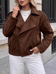 SHEIN LUNE Plus Size Women's Solid Color Long Sleeve Zipper Front Casual Jacket - Mocha Brown - View 1